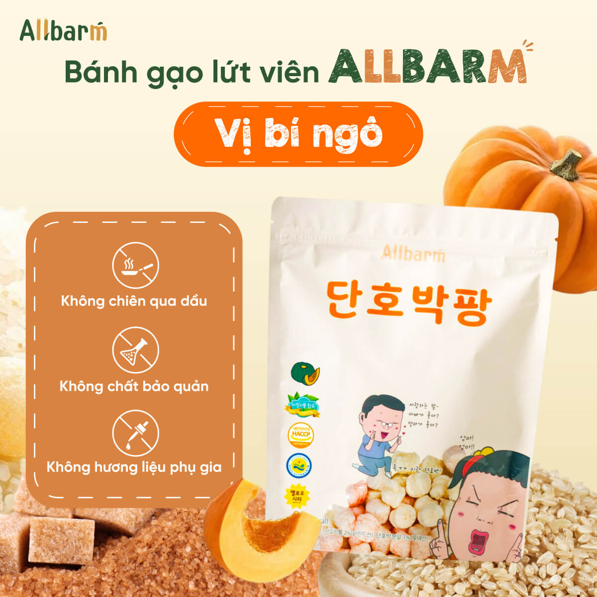 Đặc điểm nổi bật bánh gạo lứt hình viên cho bé vị bí ngô AllBarm