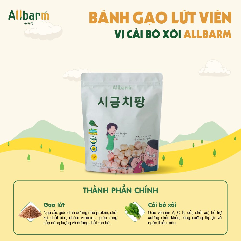 Thành phần bánh gạo lứt hình viên cho bé vị cải bó xôi AllBarm