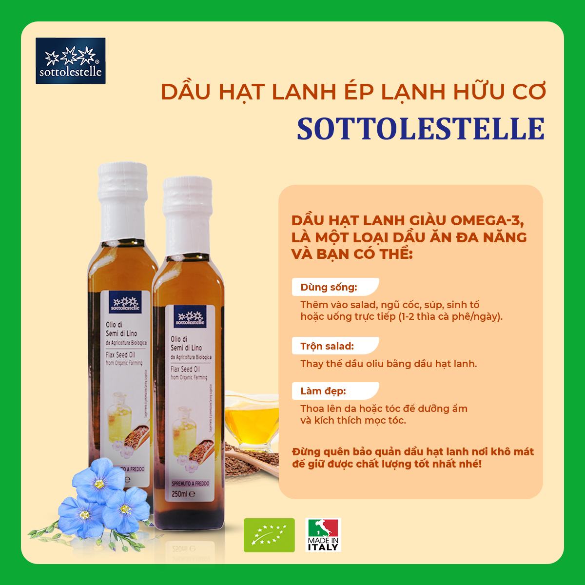 Dầu Hạt Lanh Ép Lạnh Hữu Cơ 250ml Sottolestelle